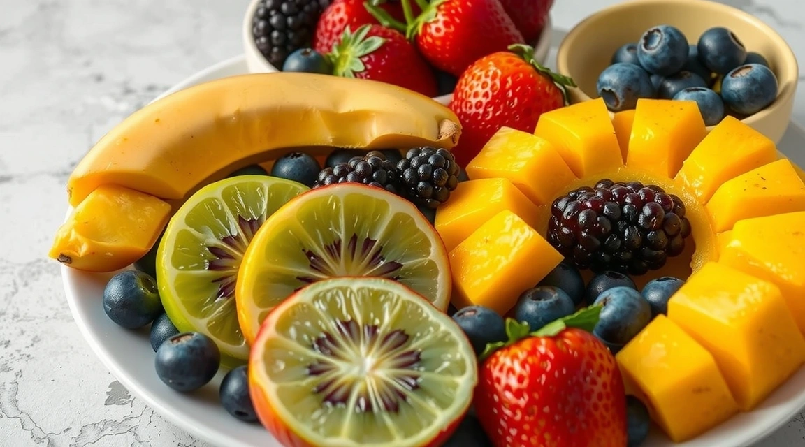 Piatto colorato di frutta fresca tropicale e bacche