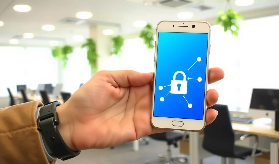 Mano che tiene uno smartphone con icona di privacy sullo schermo