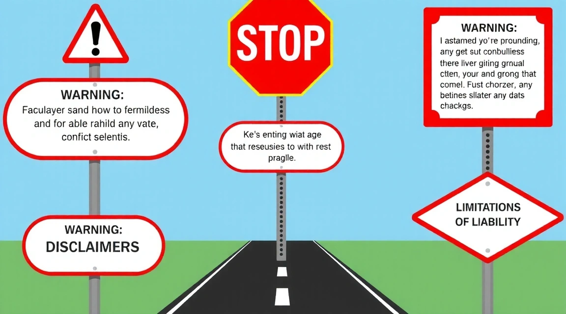 Un'illustrazione di un cartello stradale con direzioni contrastanti e un segnale di stop, simboleggiando avvertenze e limitazioni di responsabilità.